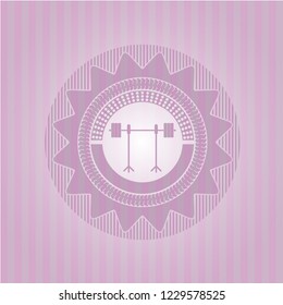 barbell on rack icon inside pink emblem. Vintage.
