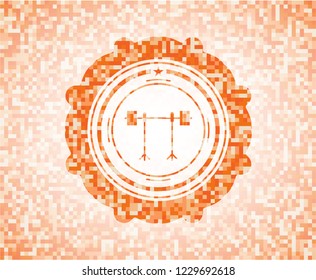 barbell on rack icon inside orange tile background illustration. Square geometric mosaic seamless pattern with emblem inside.