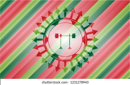 barbell on rack icon inside christmas style emblem.