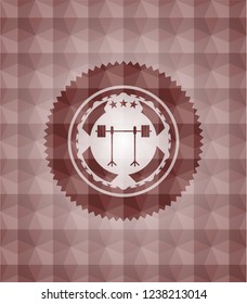 barbell on rack icon inside red emblem with geometric pattern background. Seamless.