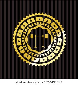 barbell on rack icon inside gold badge or emblem
