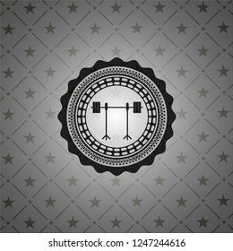 barbell on rack icon inside black emblem. Vintage.