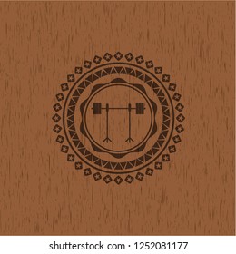 barbell on rack icon inside wooden signboards