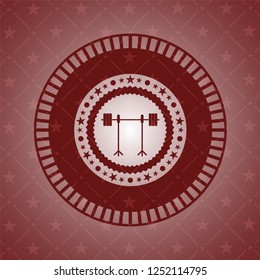barbell on rack icon inside red emblem. Vintage.
