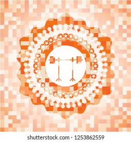 barbell on rack icon inside abstract orange mosaic emblem