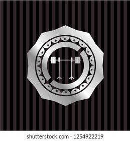 barbell on rack icon inside silvery badge or emblem