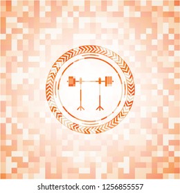 barbell on rack icon inside orange mosaic emblem