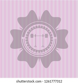 barbell on rack icon inside pink emblem. Retro