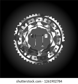 barbell on rack icon inside grey camo emblem
