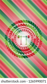 barbell on rack icon inside christmas colors style badge.