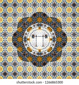 barbell on rack icon inside arabic style emblem. Arabesque decoration.
