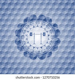 barbell on rack icon inside blue hexagon emblem.