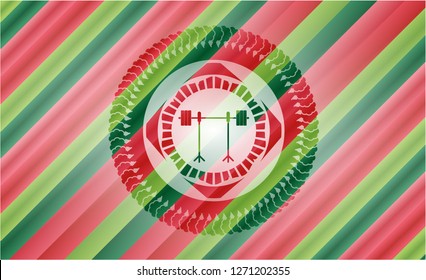 barbell on rack icon inside christmas badge.