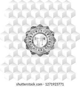 barbell on rack icon inside realistic grey emblem with geometric cube white background