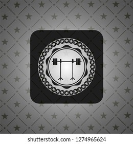 barbell on rack icon inside dark badge or emblem