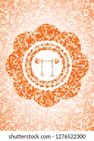 barbell on rack icon inside abstract emblem, orange mosaic background