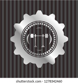 barbell on rack icon inside silver badge