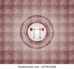 barbell on rack icon inside red seamless badge with geometric pattern.