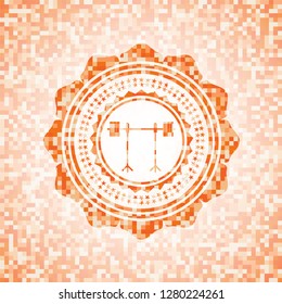 barbell on rack icon inside abstract emblem, orange mosaic background