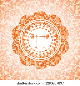 barbell on rack icon inside orange mosaic emblem with background
