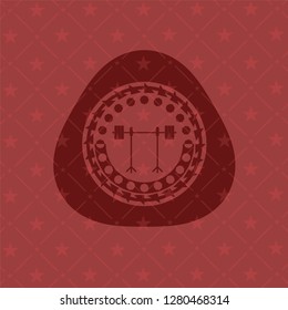 barbell on rack icon inside red emblem. Retro