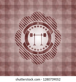 barbell on rack icon inside red seamless emblem or badge with geometric pattern background.