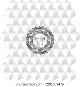 barbell on rack icon inside grey emblem with cube white background