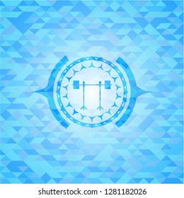 barbell on rack icon inside realistic light blue mosaic emblem