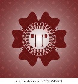 barbell on rack icon inside red emblem. Vintage.