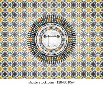 barbell on rack icon inside arabic badge background. Arabesque decoration.