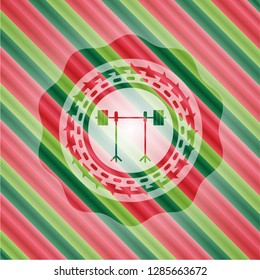 barbell on rack icon inside christmas style emblem.