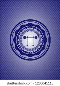 barbell on rack icon inside emblem with denim high quality background