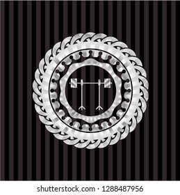 barbell on rack icon inside silver emblem or badge