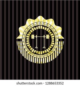 barbell on rack icon inside golden emblem or badge