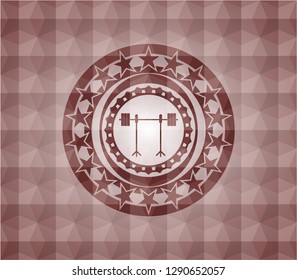 barbell on rack icon inside red geometric emblem. Seamless.
