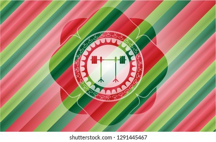 barbell on rack icon inside christmas colors emblem.