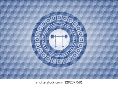 barbell on rack icon inside blue emblem with geometric pattern background.