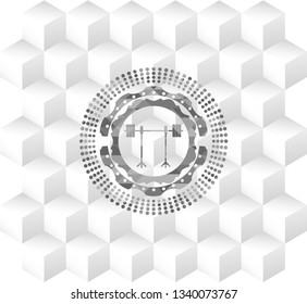 barbell on rack icon inside retro style grey emblem with geometric cube white background