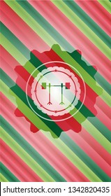 barbell on rack icon inside christmas style emblem.