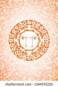 barbell on rack icon inside abstract orange mosaic emblem with background