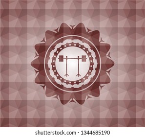 barbell on rack icon inside red seamless badge with geometric pattern.