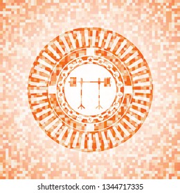 barbell on rack icon inside orange mosaic emblem with background