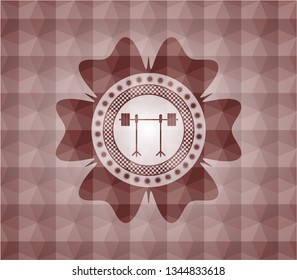 barbell on rack icon inside red seamless emblem with geometric pattern.