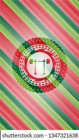 barbell on rack icon inside christmas style emblem.