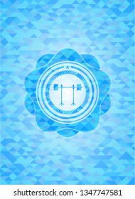 barbell on rack icon inside sky blue emblem with mosaic ecological style background