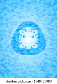barbell on rack icon inside sky blue mosaic emblem