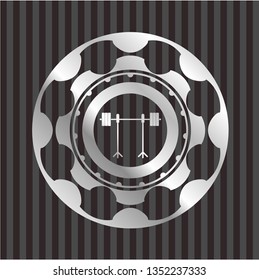barbell on rack icon inside silvery badge or emblem