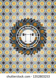 barbell on rack icon inside arabesque style emblem. arabic decoration.