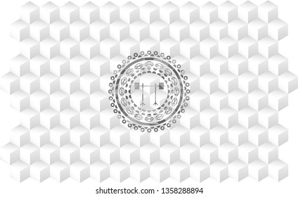 barbell on rack icon inside grey emblem. Retro with geometric cube white background