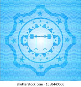 barbell on rack icon inside water wave concept emblem background.